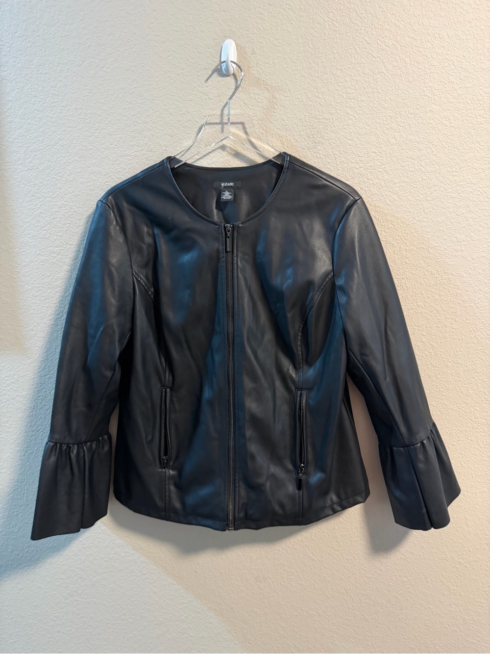 Alfani Faux leather zip-front jacket with ruffled bell cuffs